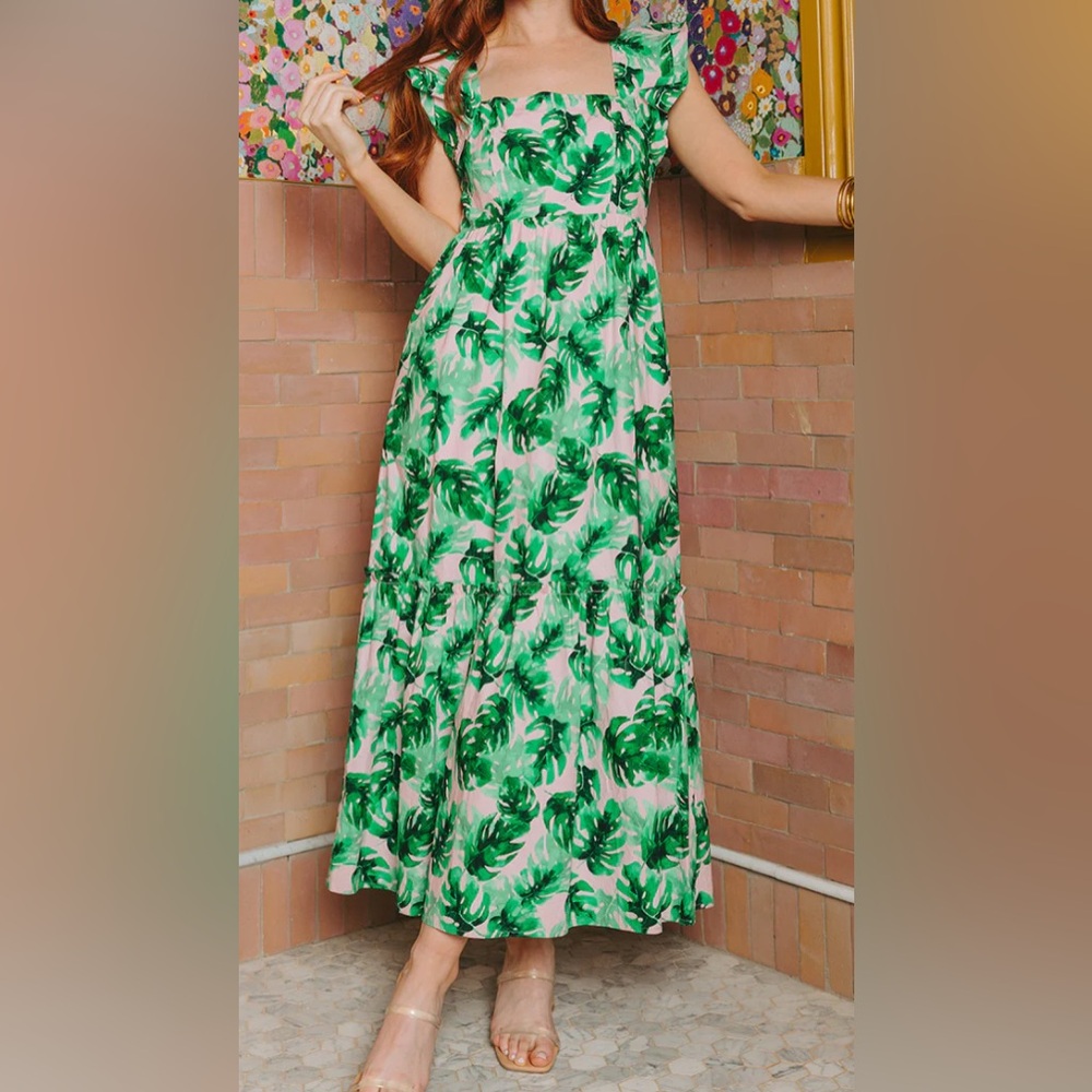 Buddy Love dress size Small EUC! Pink with green palm leaves maxi length.